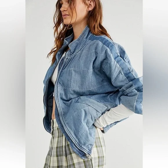Free People Dolman Quilted Denim Jacket Medium Chambray Boho Zip Jacket - Picture 3 of 14